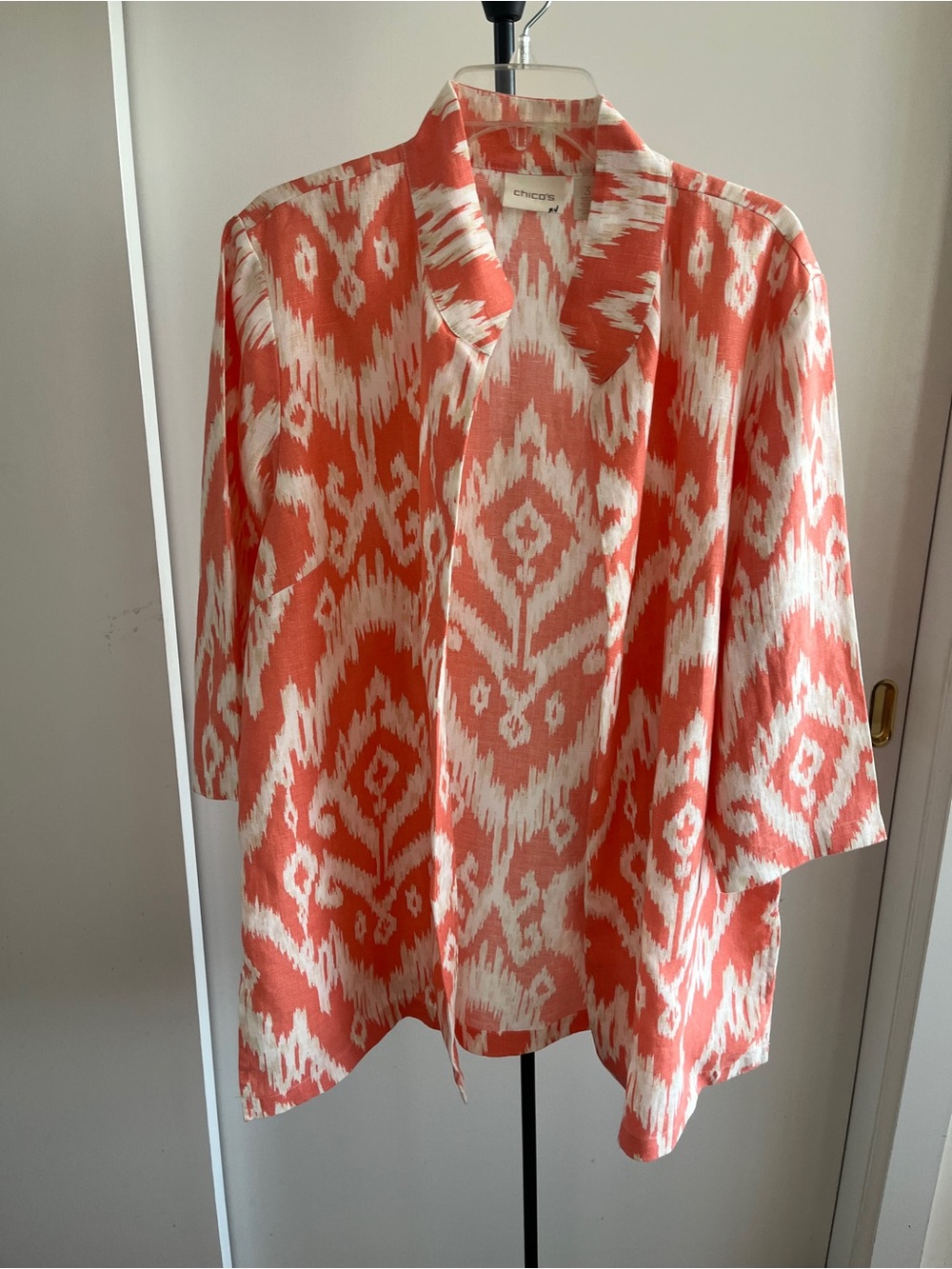 Chico's 100% Linen Long Jacket White Peach 🍑 Orange Ikat Print Open Front XL